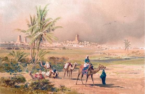 A historic caravan crossing the Sahara desert — the trans-Saharan trade that connected Morocco to West Africa for centuries